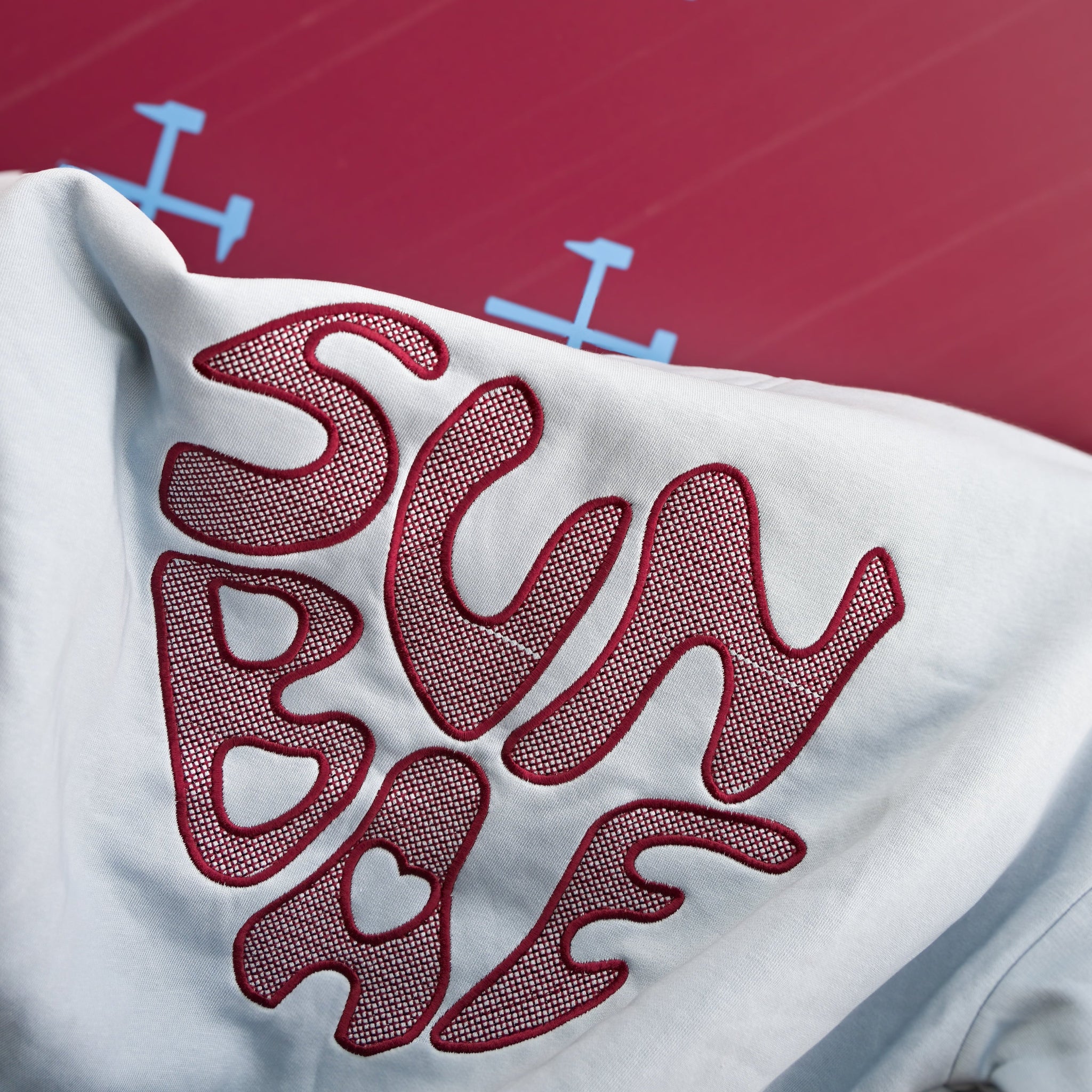 Close-up of a Sunbae Hoodiw with branding on a red background