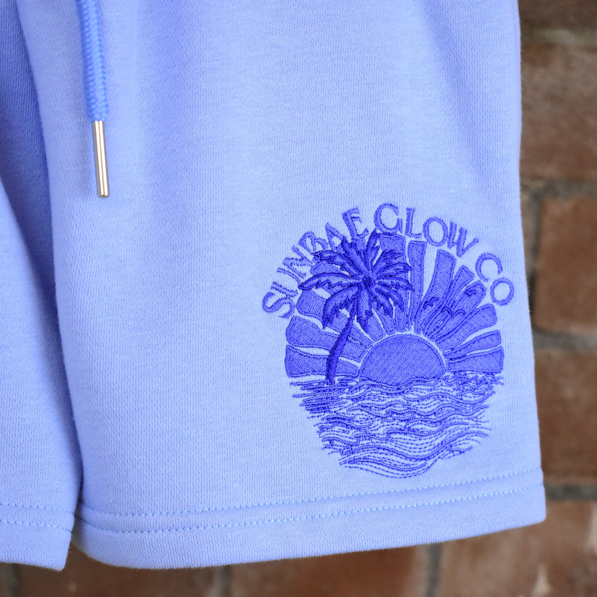 SUNBAE Light blue hoodie with a palm tree and sun design on a brick wall background